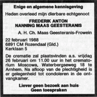 Overlijdensbericht F.A.N. (Frits) MG (1988)